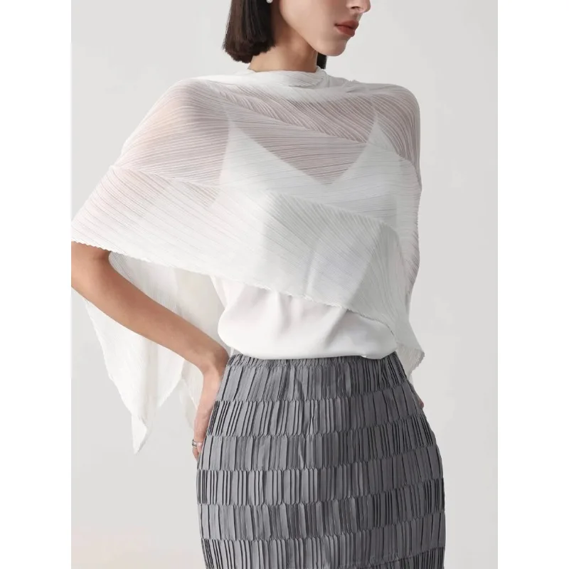Miyake bufanda plisada de viento bufanda de seda de Color sólido chal sección delgada 2025 otoño nueva moda Peplum ropa de mujer