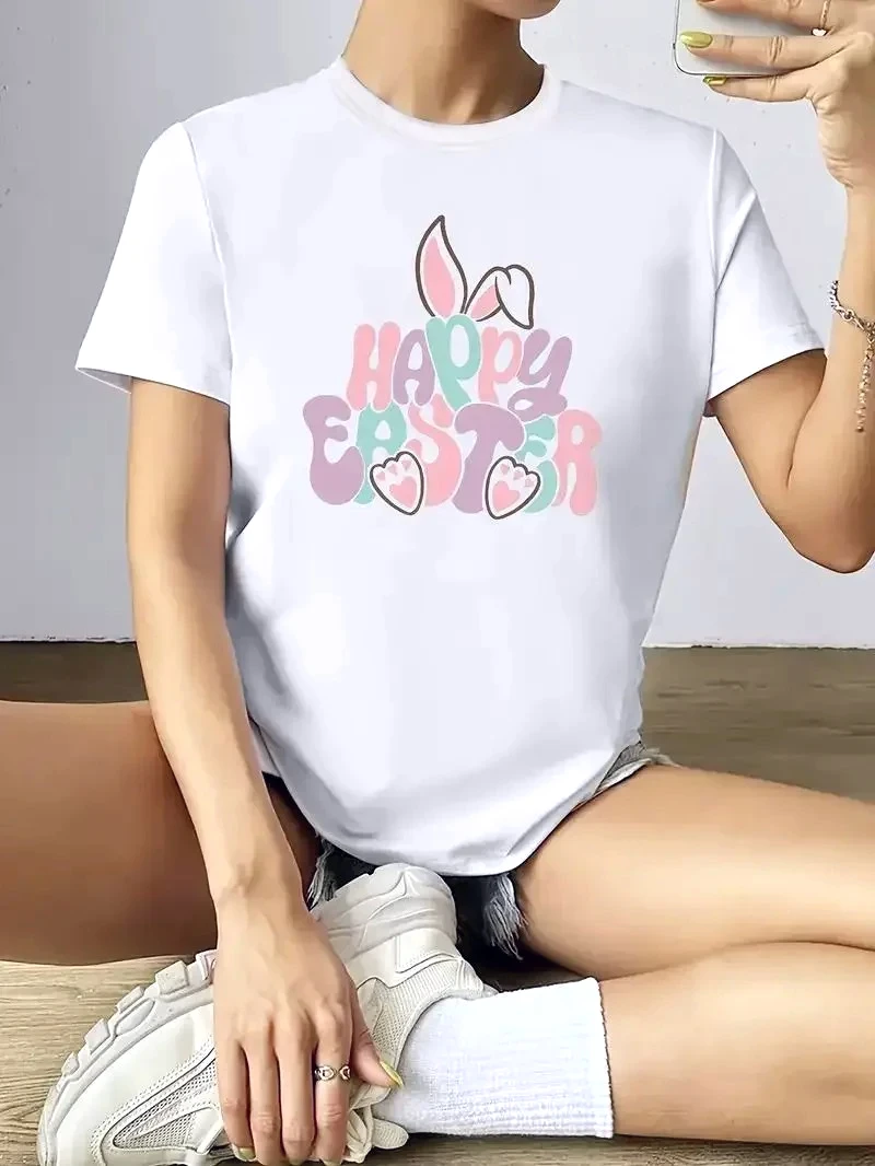Happy Easter Rabbit Print Funny Stylish Women Tee Casual Crew Neck Short Sleeve Top Summer Women's Y2k Style Bunny Print Clothes