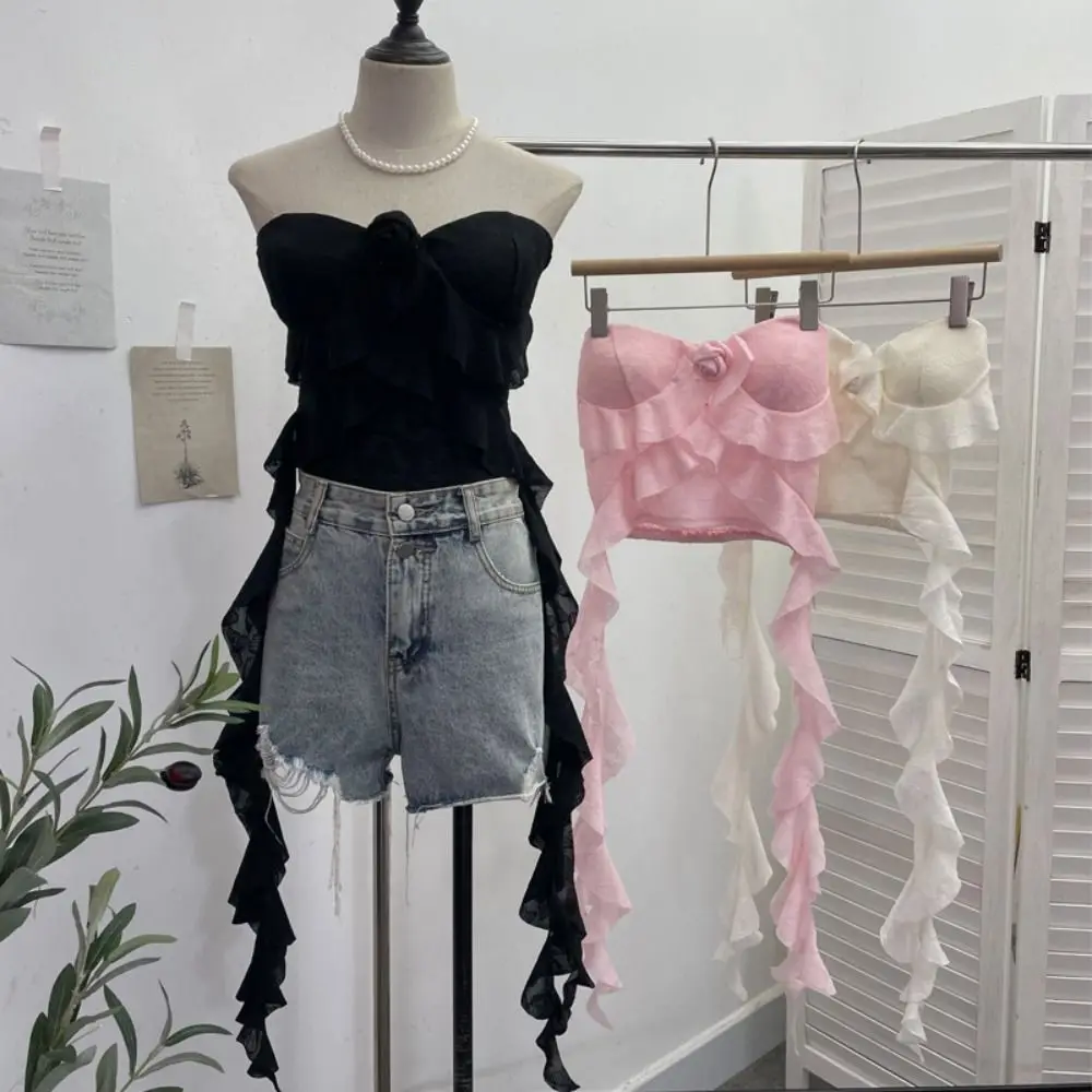 Chic Ribbon Design Camisole Asymmetric Fringe Flower Pattern Sleeveless Top Beautiful Design Tube Top Women