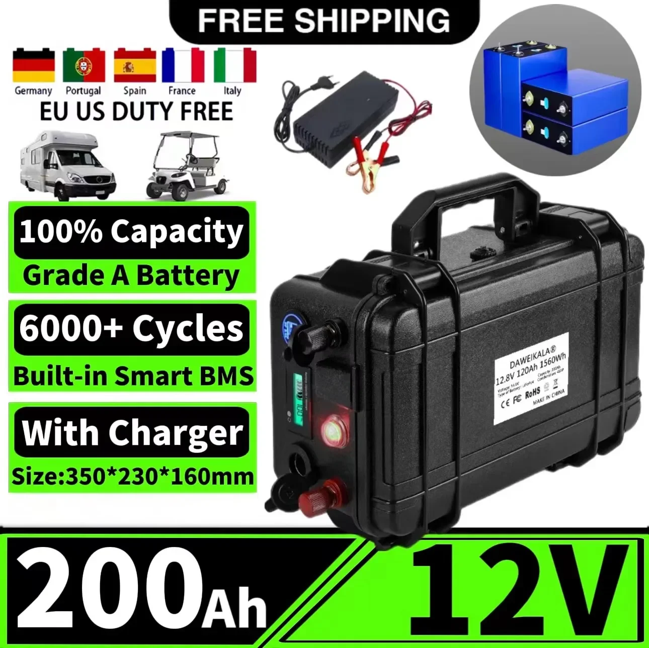 12V Lifepo4 Battery Pack 200Ah Lithium Iron Phosphate Waterproof Cells For Golf Cart RV Solar Energy Storage Inverter Boat Motor