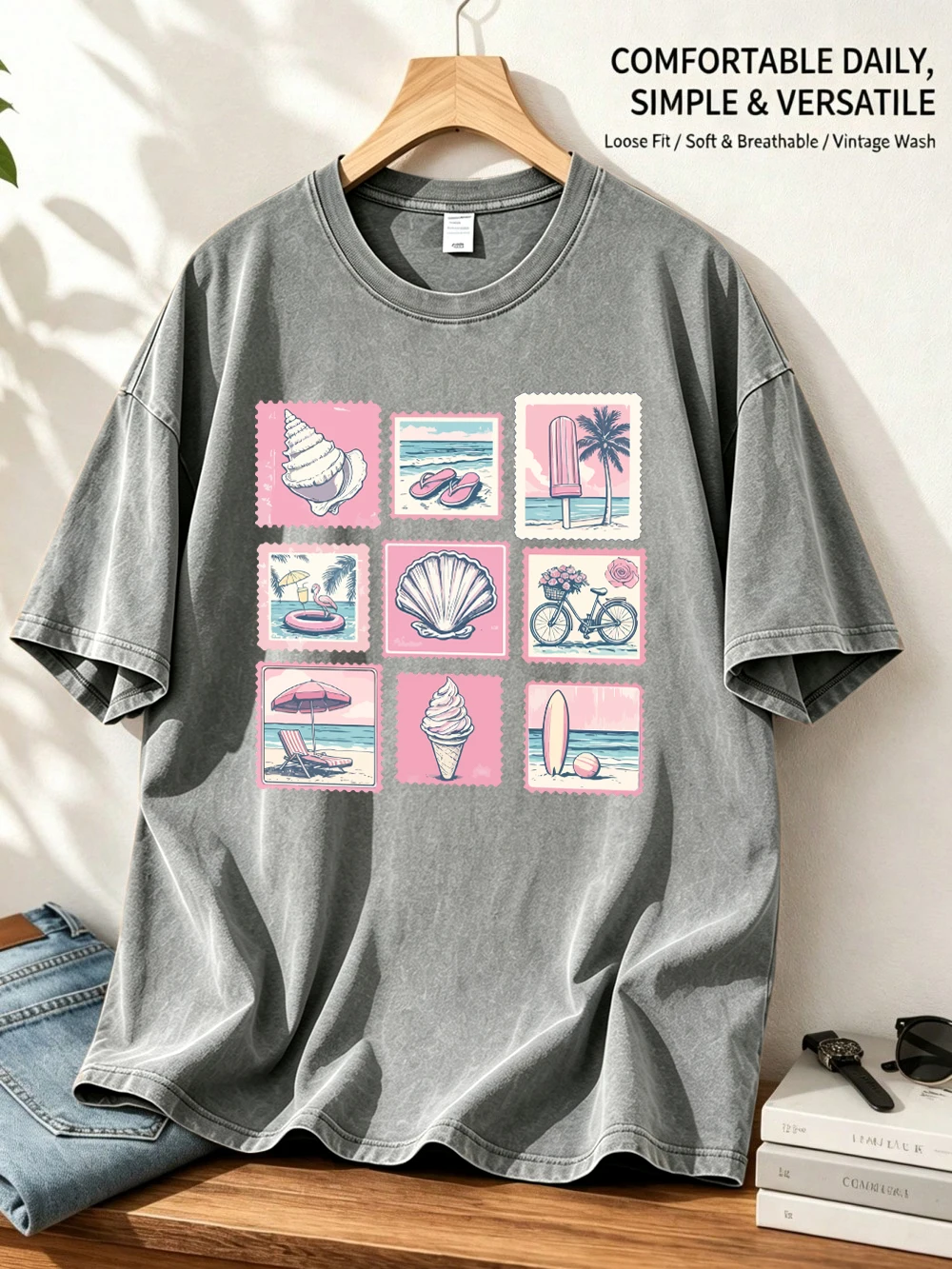 Vintage Shell Beach Stamp Prints Washed T-Shirts Women Cotton Oversized Tops O-Neck Distressed T Shirt Summer Womans Clothes