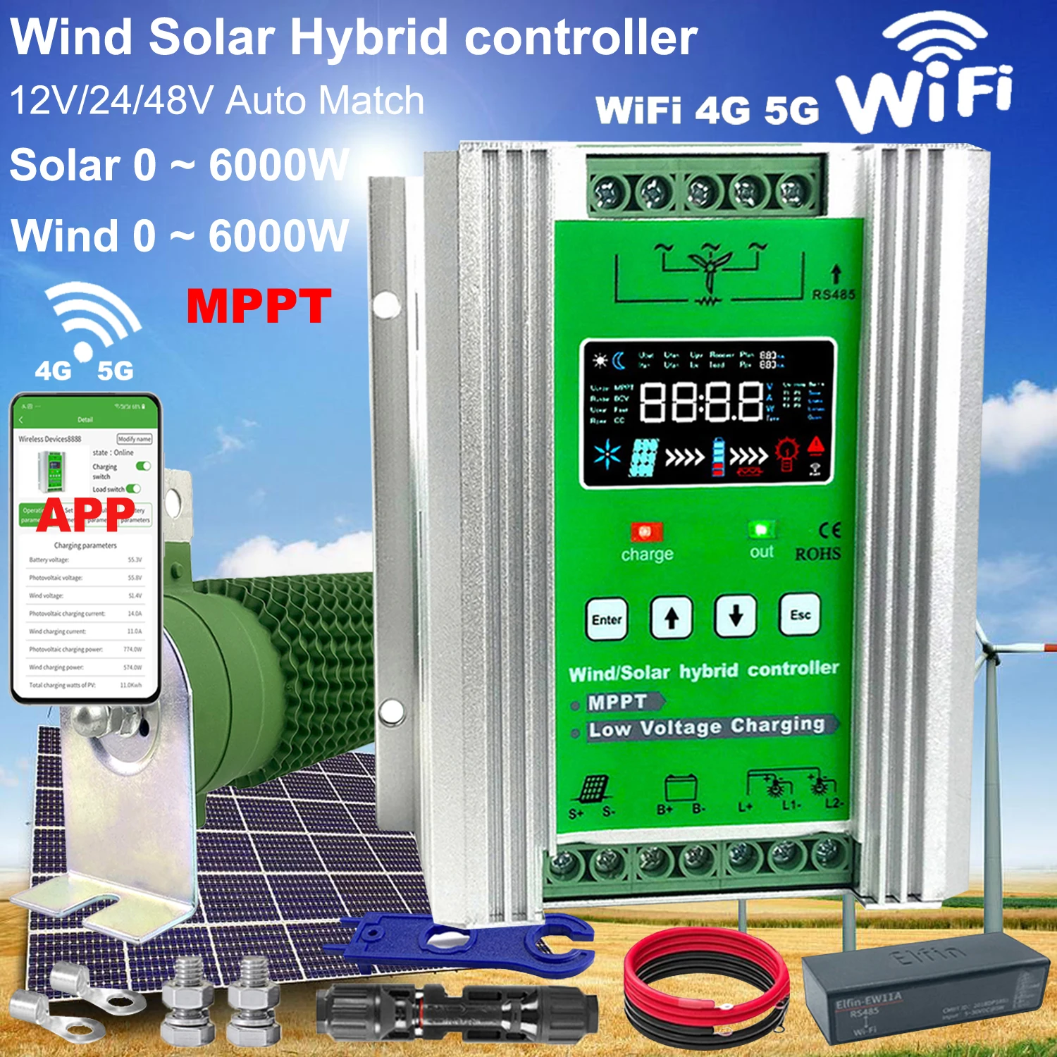 3000-6000W WIFI Hybrid Solar Wind Charge Controller Power System MPPT Solar Regulator For 12V 24V 48V Lithium Lead-acid Battery