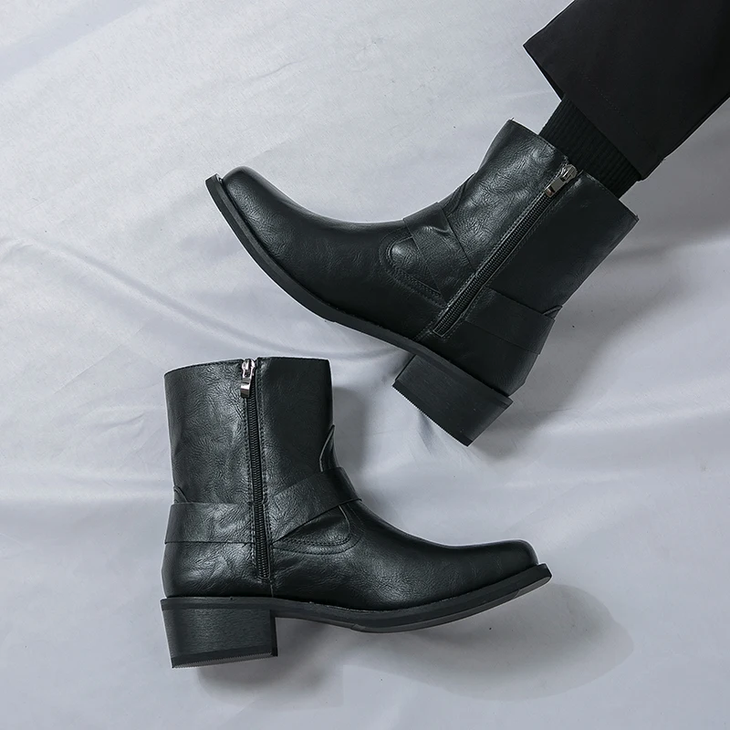 

Men High Top Boots PU Solid Color Low Heel Square Toe Comfortable Anti Slip Classic Business Men Boots Size 38-46