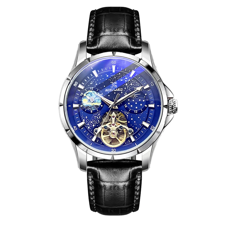 Men's Automatic Mechanical Tourbillon Watch Luminous sapphire Crystal Glass Screw down Crown 30M Water Resistant 41MM Large Dial