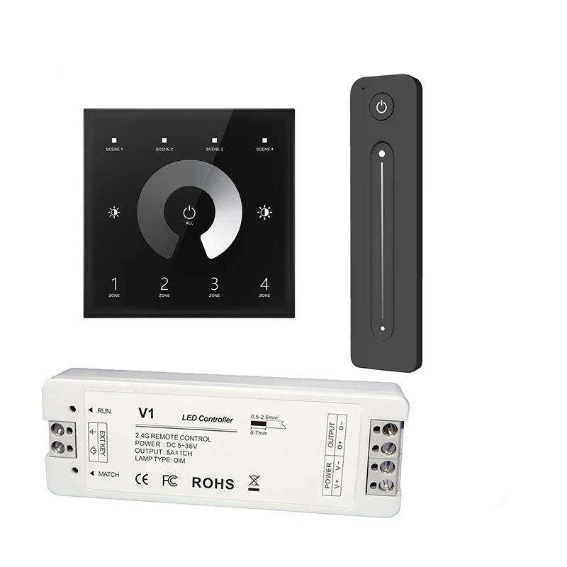 

New EU 4 Zone Led Strip Dimmer 110-240V AC Input Wall Touch Panel T11 2.4G RF Wireless Remote R11 Single Color Light Controller