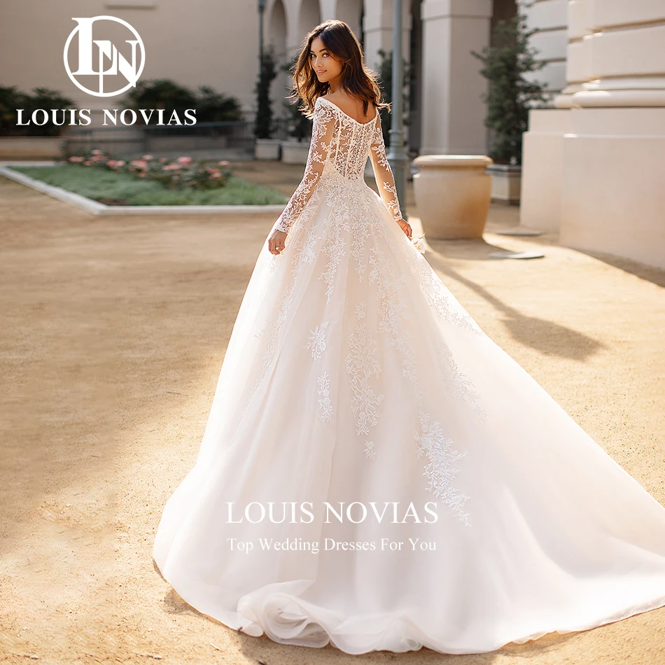 Louis Novias A-Linie Brautkleider für Frau 2024 Langarm V-Ausschnitt Applikationen Illusion Organza Brautkleid Vestidos de Novia