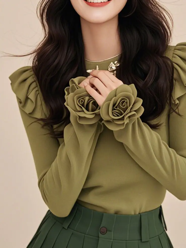 

Korejpaa Нежная женская одежда Футболки Женские элегантные топы с круглым вырезом Ropa Mujer Hotsweet с длинными рукавами и 3D цветами для похудения