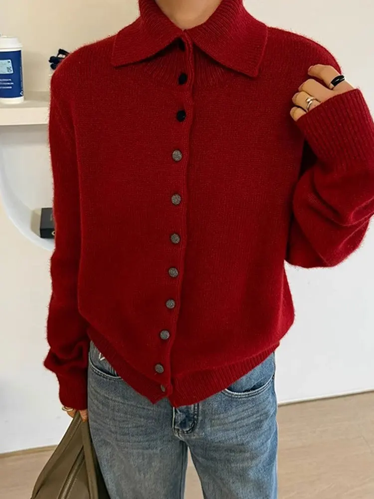 

Cisas New Year Knitted Long Sve Soft Comfortable Lazy Sle Single Button Women's Sweater Simple Color Cardigan