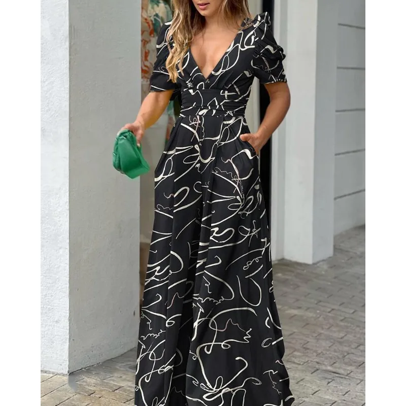 Summer new women\'s fashion temperament V-neck waist wide leg jumpsuit