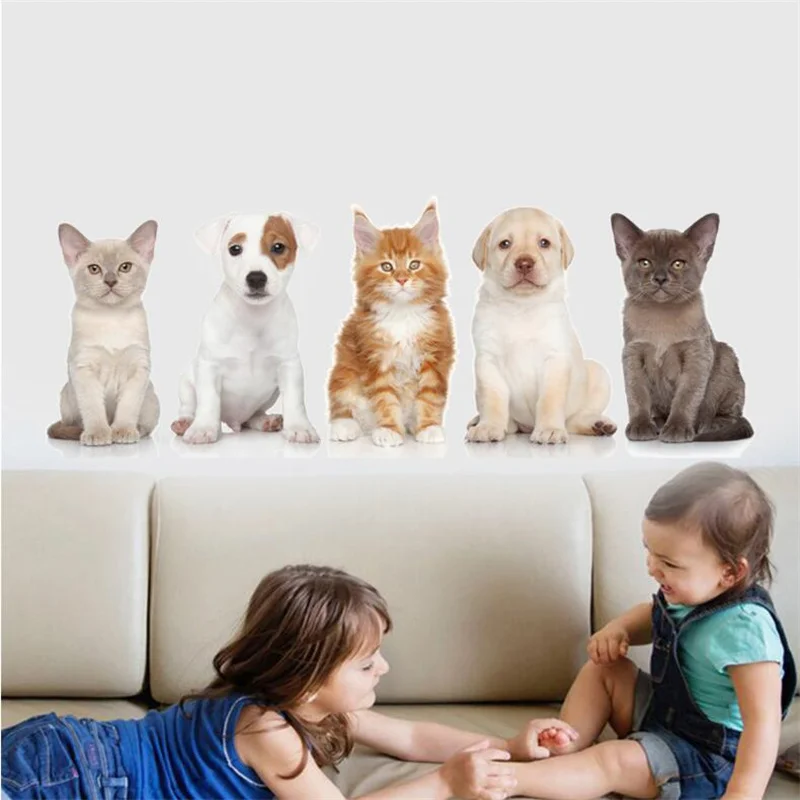 5 Cute Cats And Dogs Wall Sticker Kids Room Background Home Decoration Mural Living Room Wallpaper Funny Decal