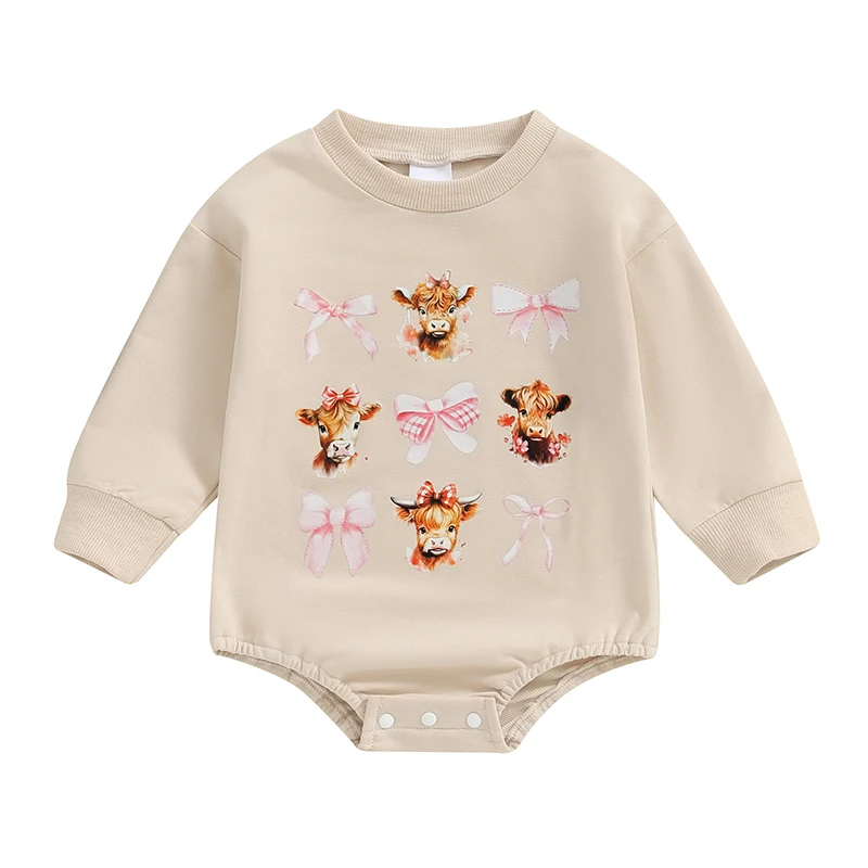 

Baby Fall Sweatshirt Romper Bull Head Bow Print Round Neck Long Sleeve Bubble Jumpsuit