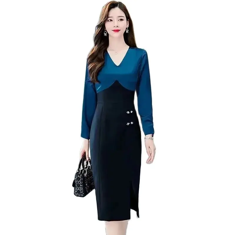 

V-neck dress women's spring new fashion temperament fake two-piece waist-reducing age-slim stitching package hip dress Vestdios