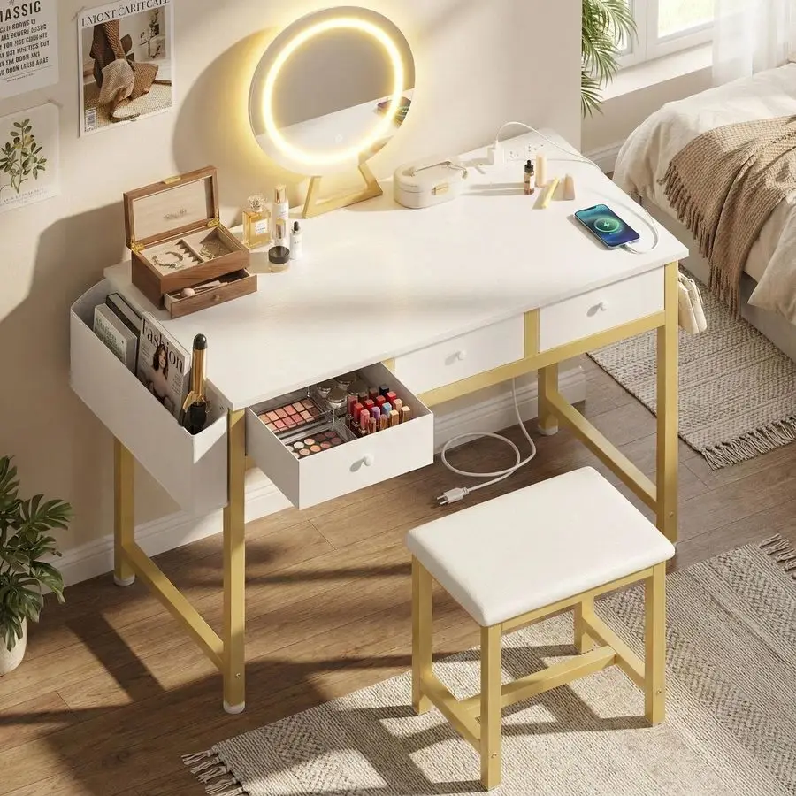Vanity Desk with Mirror and Lights Small Makeup Vanitys Set with Chair Fabric Drawers Power Outlet, Dressing Table Vanities for