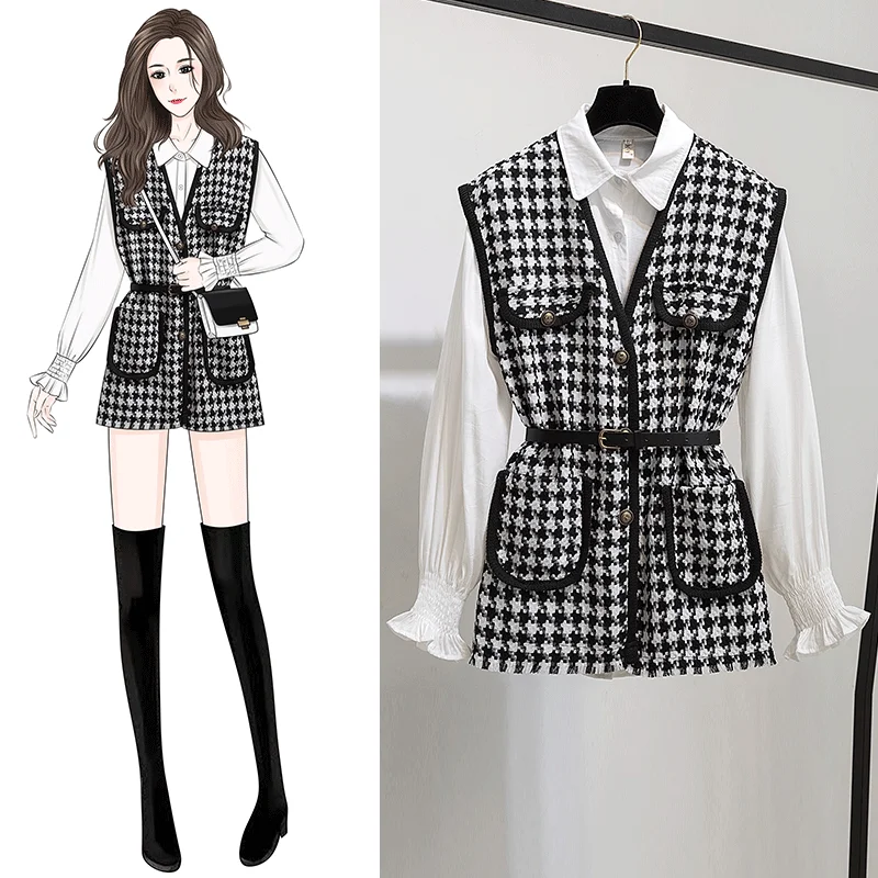 Long Lantern Sleeve Shirt Women Houndstooth Tweed Vest 2 Two Piece Set 2023 Spring Autumn Womens Shirts Sets Sleeveless Tops New