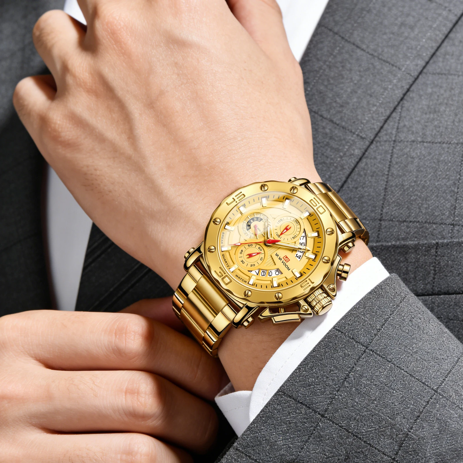 Men Multifunctional Sports Timing 46mm Clock Silver Stainless Steel Strap Fashion Luminous Dial Waterproof Quartz Watch for Men - view 6
