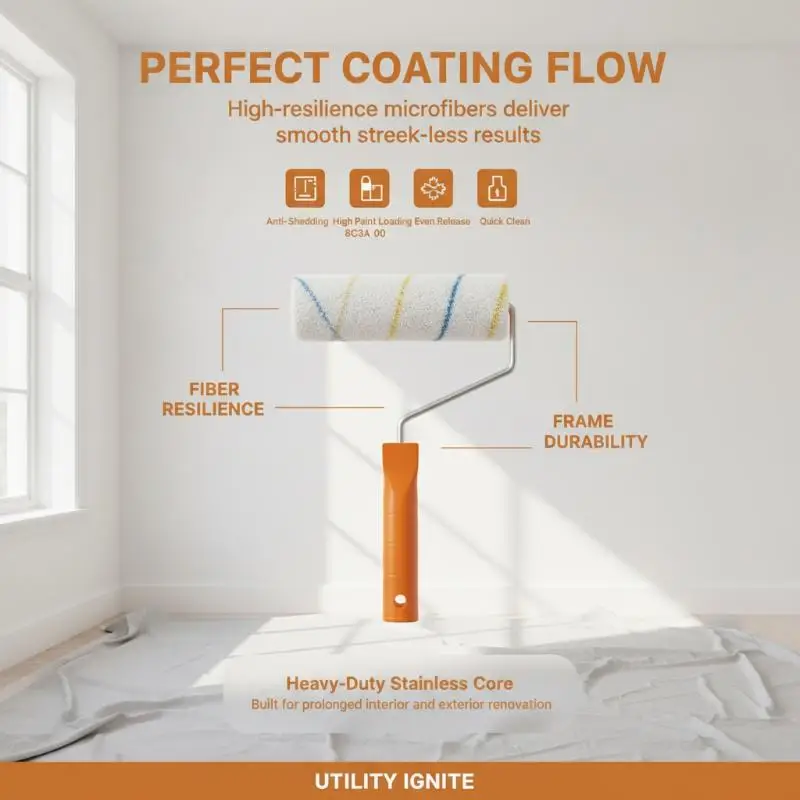 Paint Roller Brush High Density Lint Free Fabric Multiple Sizes Easy Operate for Home Wall Ceiling DIY Painting Projects