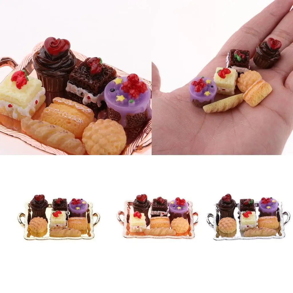 Poppenhuis miniatuur voedsel, 1/12 taart en brood bordenset, poppenhuis woonkamer keuken tafel decor ornament