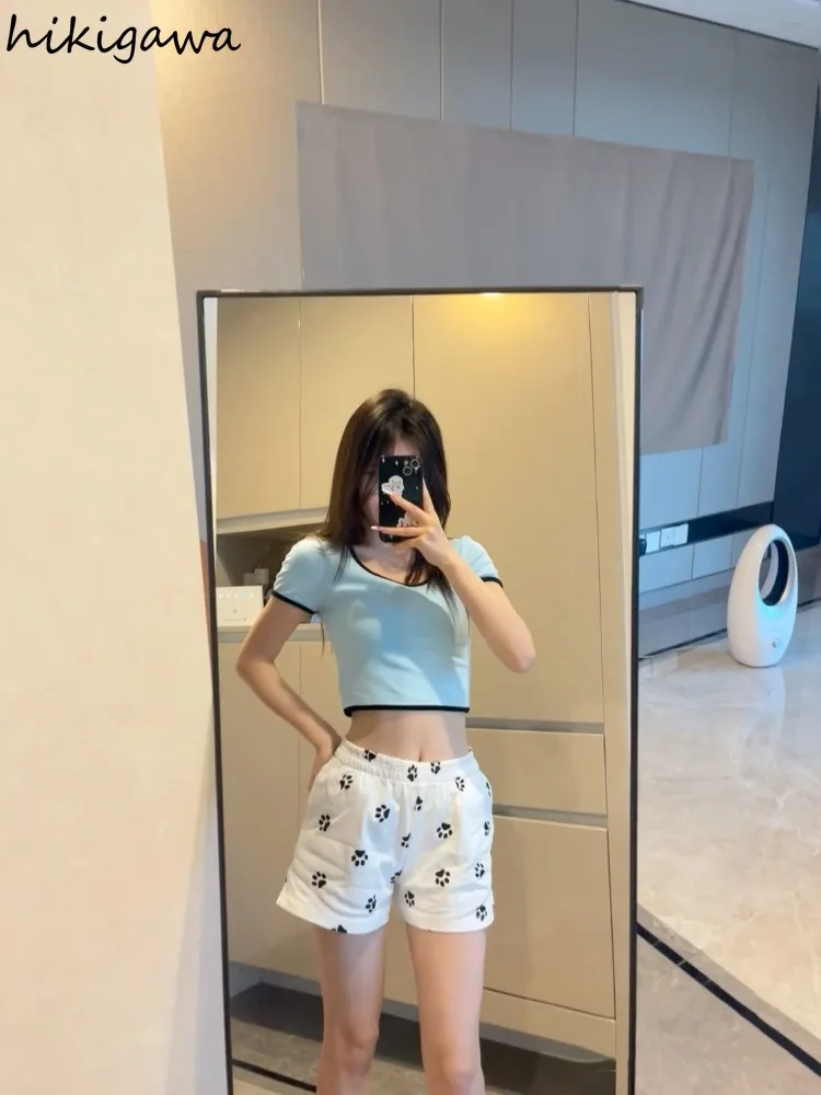 Cute Print Pantalones Cortos De Mujer Fashion Summer Shorts for Women 2024 New Bottons Elastic Waist Casual Y2k Wide Leg Pants