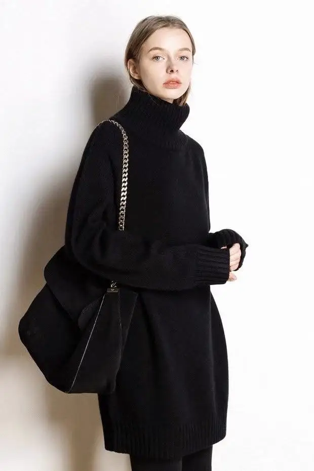 European goods turtleneck thickened 100%wool sweater women's autumn and winter medium and long sweater loose knitted bottom