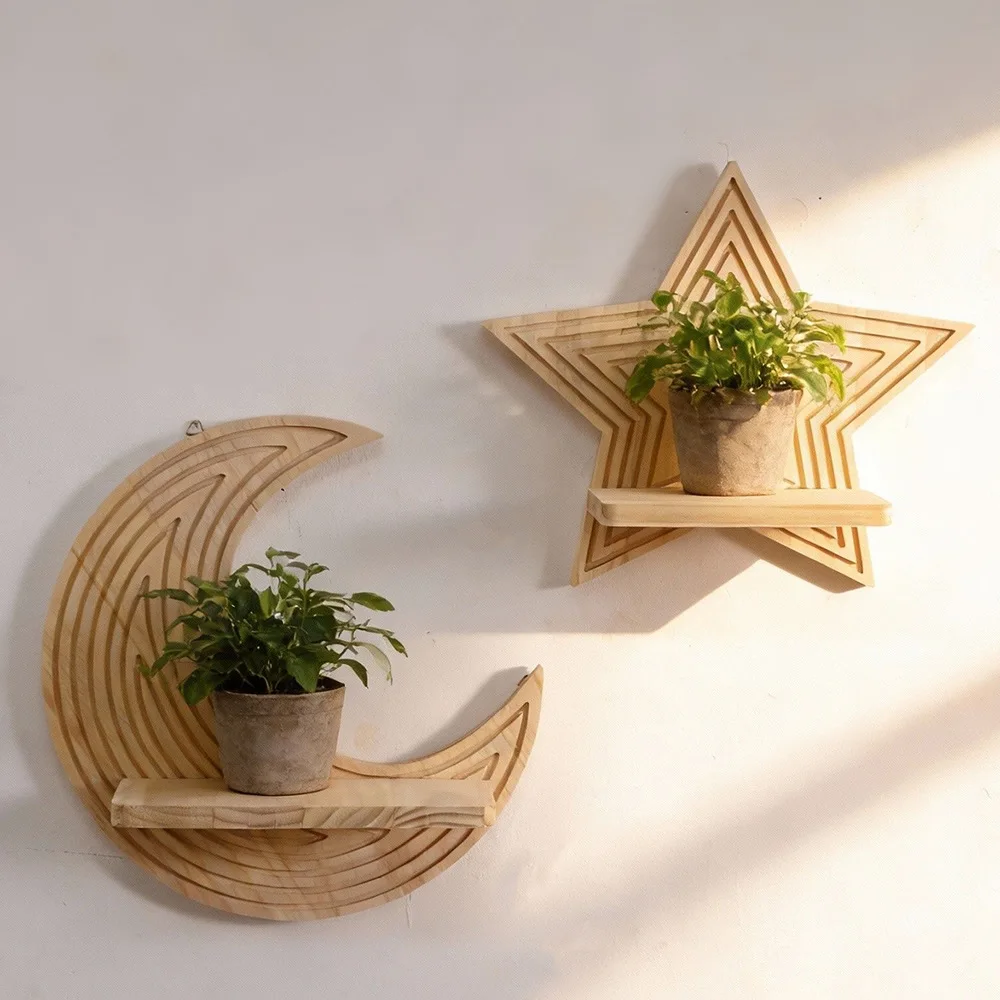 Moon Star Shape Wooden Floating Wall Shelves Creative Wall Hanging Rack for Plants Decor Bedroom