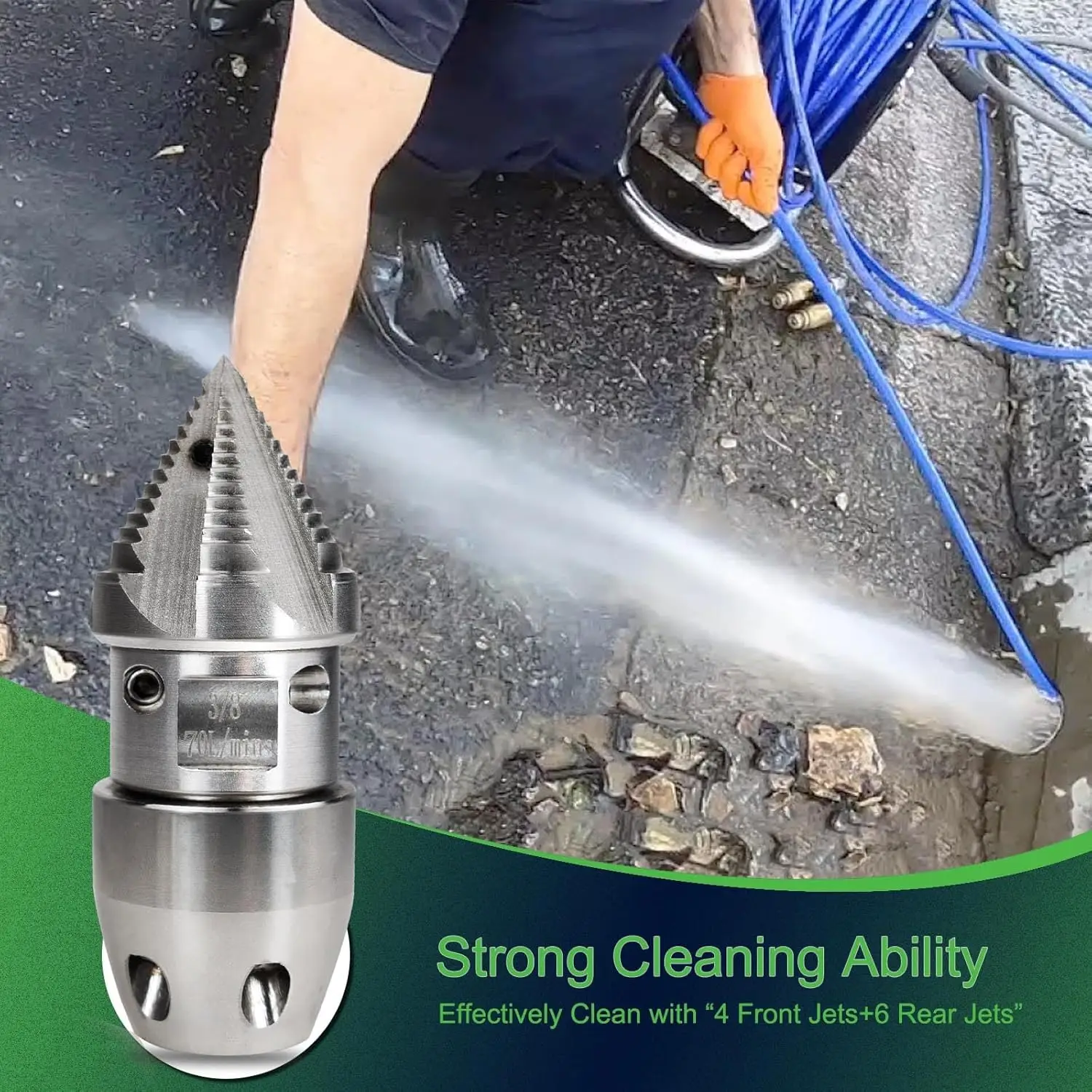 3/8 Npt New Sewer Jetter Nozzle 2900 PSI 70 L/min Pressure Washer Stainless Steel Fast Rotating Municipal Drain Pipe