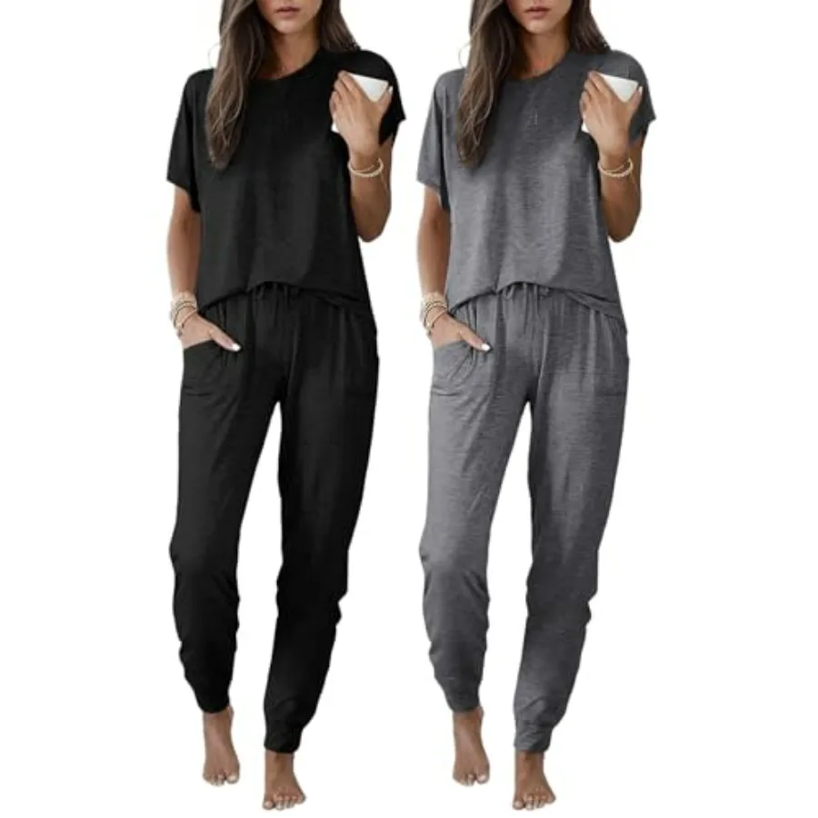 

Ekouaer 2 pack Pajama Sets for Womens Jogger Pants Pjs Short Sleeves Lounge Set Soft Sleepwear with Pockets