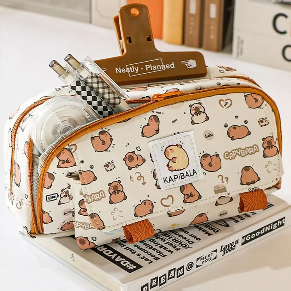 Imagem -02 - Multi Camada Capivara Papelaria Bolsa Lápis Kawaii Cases Canvas Cartoon Pen Pouch Bolsa de Escola de Grande Capacidade