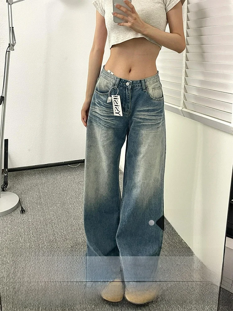 

Loose Wide Leg American Washed Denim Jeans Women Summer New Small Size Straight Floor-Length Pants Low Waist Folded Spring