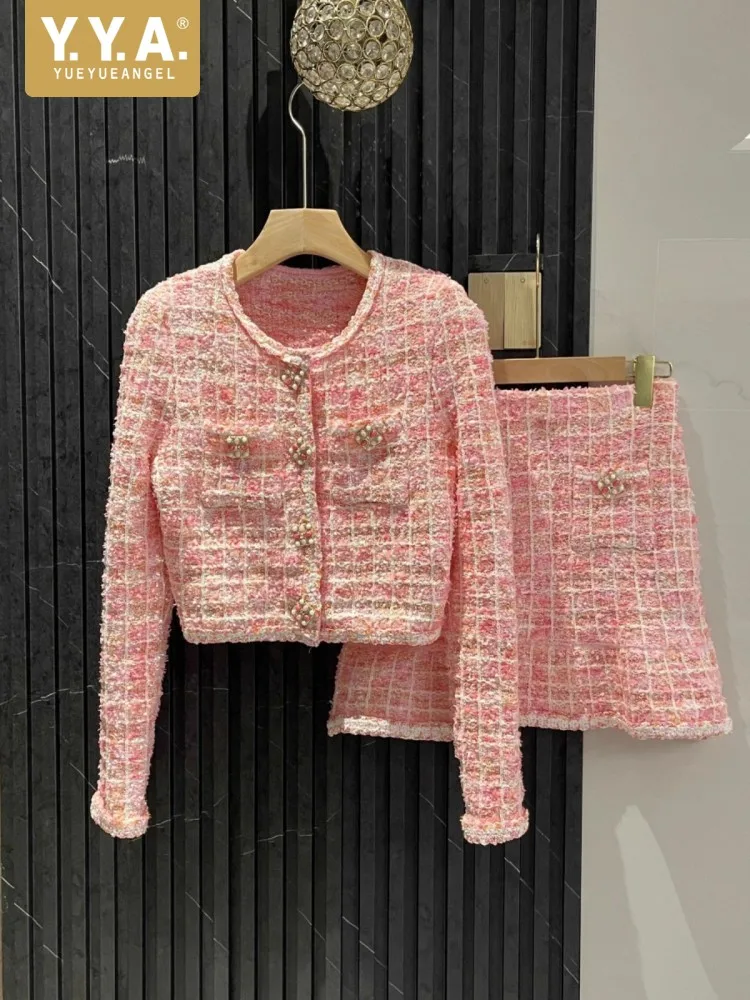 

Элегантный женский осенний вечерний комплект из двух предметов, однобортный твидовый жакет с круглым вырезом, мини-юбка с запахом, облегающие комплекты, розовые наряды на день рождения