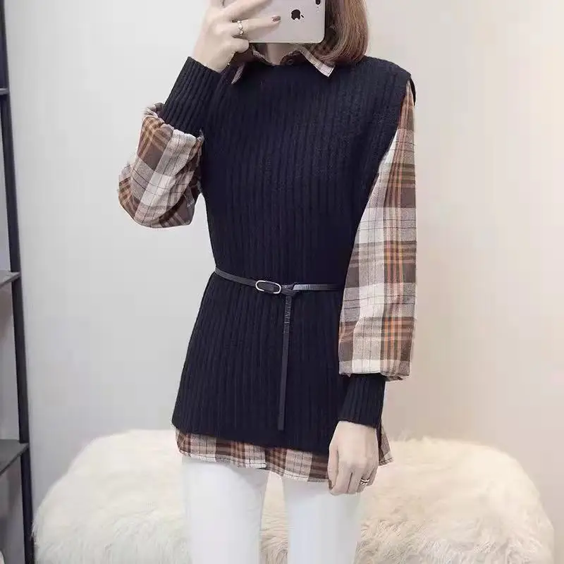 Trend Long Sleeve Plaid Blouse Vest Two-piece Set for Women\'s Spring Autumn New Fashion All-match Suit Vintage Casual Clothing