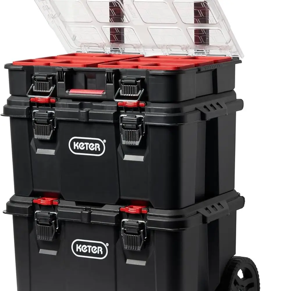 Stack-n-Roll Modular Tools Organizer for Garage Storage and DIY, 3 Piece Resin Rolling Tool Box System for Small Parts, Black