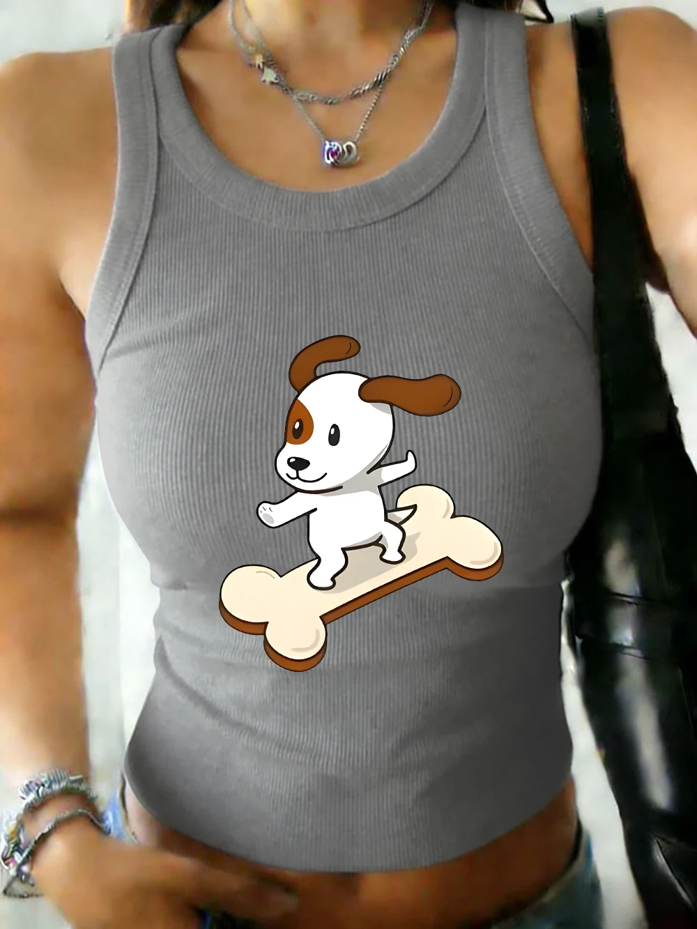 

Cartoons Puppy Printed Womens Summer Cotton Tank Shirts Casual Slim Fit Comfortable Undershirt Basic O-Neck Elastic Tank Tops