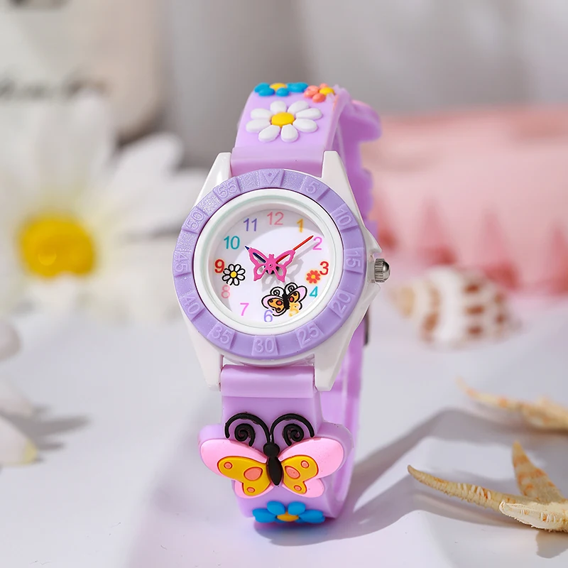 Montre pour enfants Montre à quartz digitale simple avec aiguilles en forme de papillon Montres sport décontractées Horloge en silicone violet pour