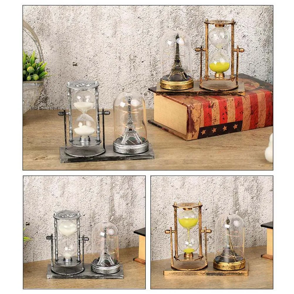 

European Style Iron Tower Hourglass Retro Sand Timer Delicate Illuminate Sandglass Desktop Ornament Creative Decor for Home