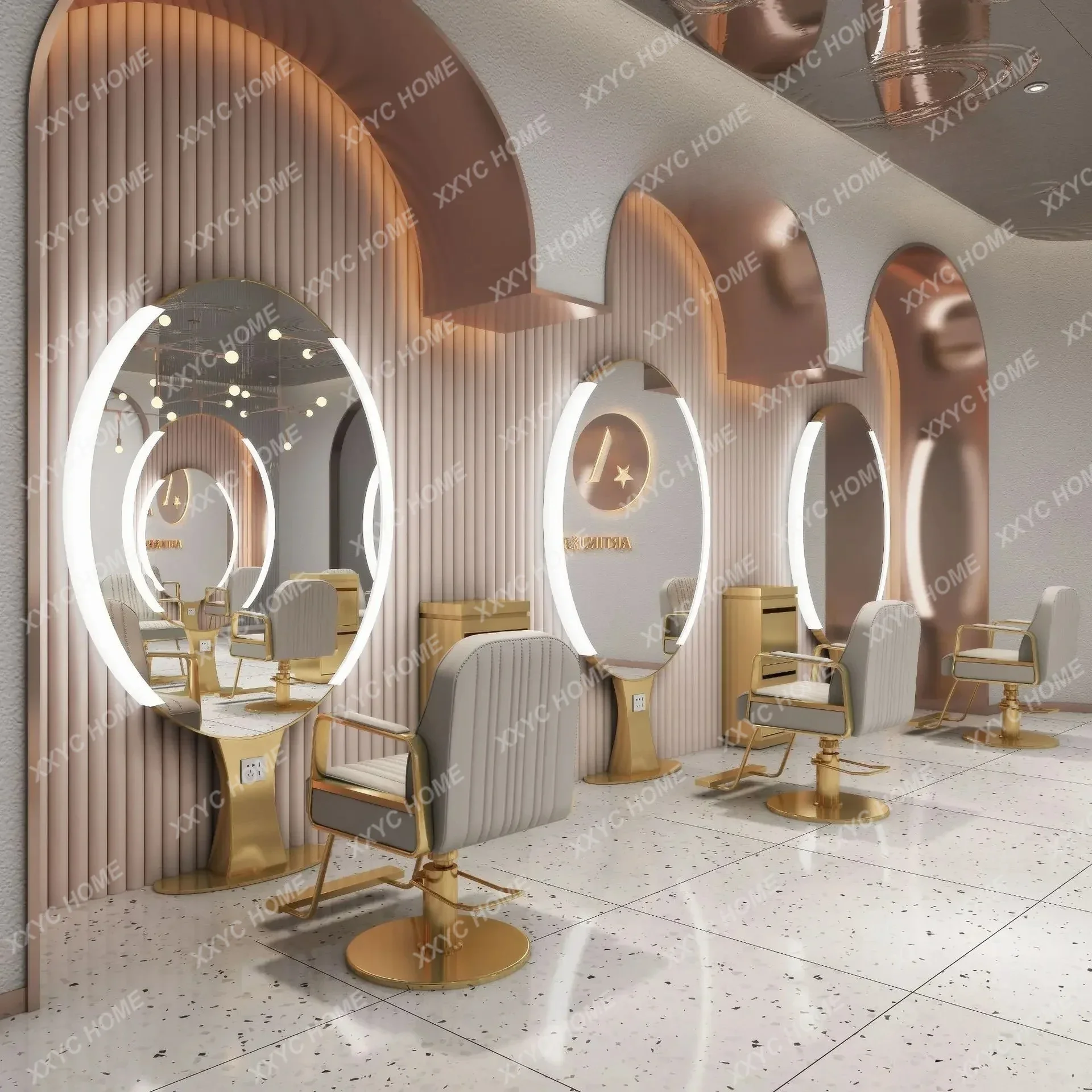TTHair Salon Special High Definition Stainless Steel Haircut With Lamp Single Double-sided Mirror Floor Gold