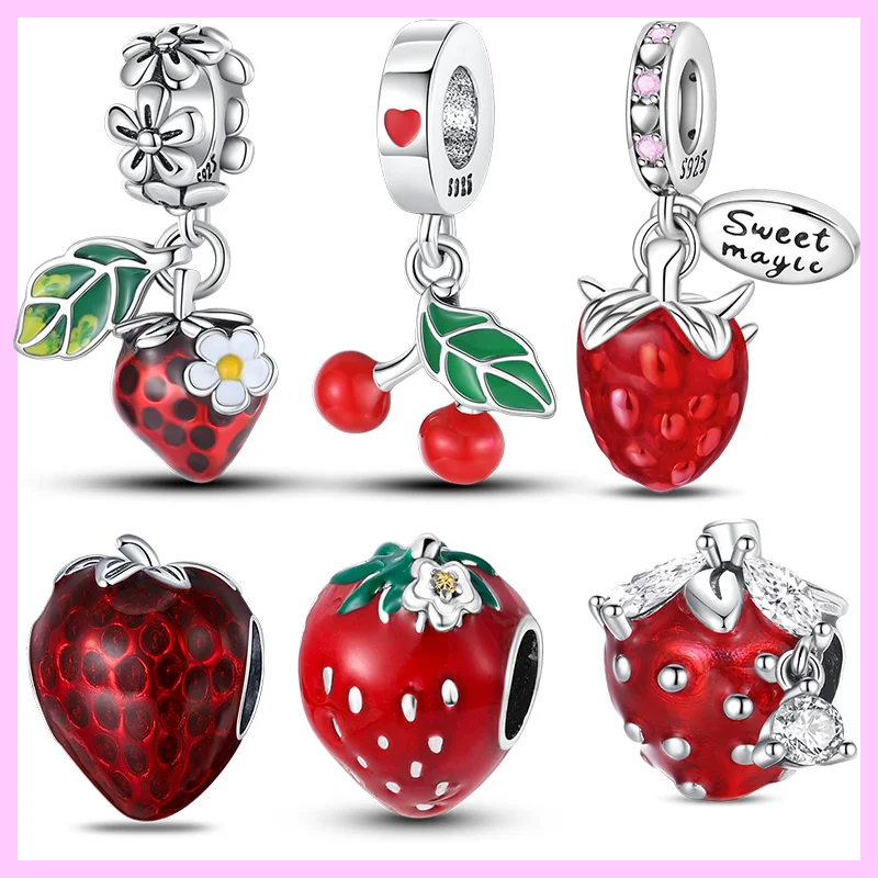 

Fits Pan Bracelets S925 Silver charms Color Strawberry Cherry Blueberries Fruit Sweet Original DIY Jewelry Birthday Fine Gifts
