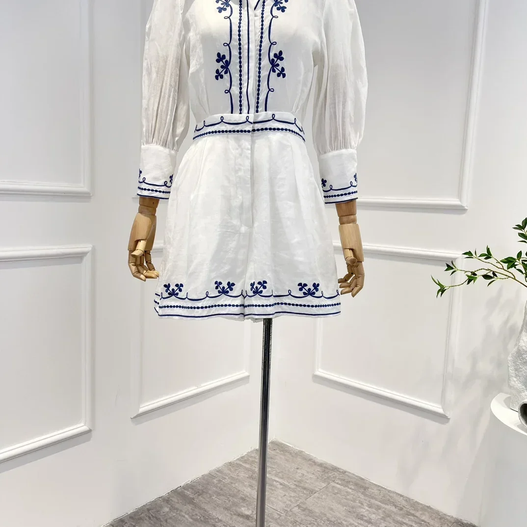 New Spring Summer Vintage Ramie Top Quality 2023 Puff Sleeve Navy Blue Embroidery Woman White Short Playsuit