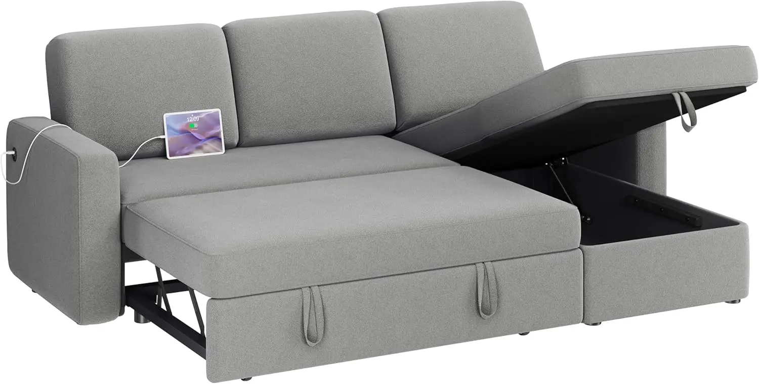 Sectional Sofa L-Shaped Sofa Couch Bed w/Chaise & USB, Reversible Couch Sleeper w/Pull Out Bed & Storage Space, 4-seat