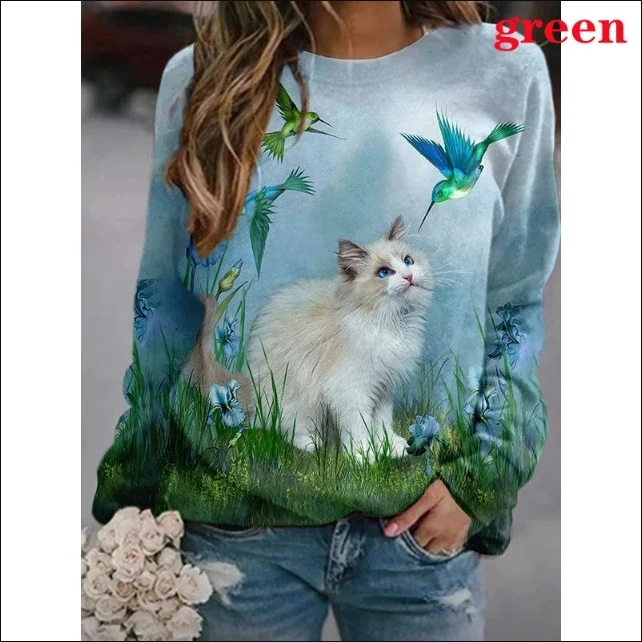 Women Spring Cutie Print Cat Shirt Casual Long sleeve Round Neck belted T-shirt shirt XS-3XL Female Top