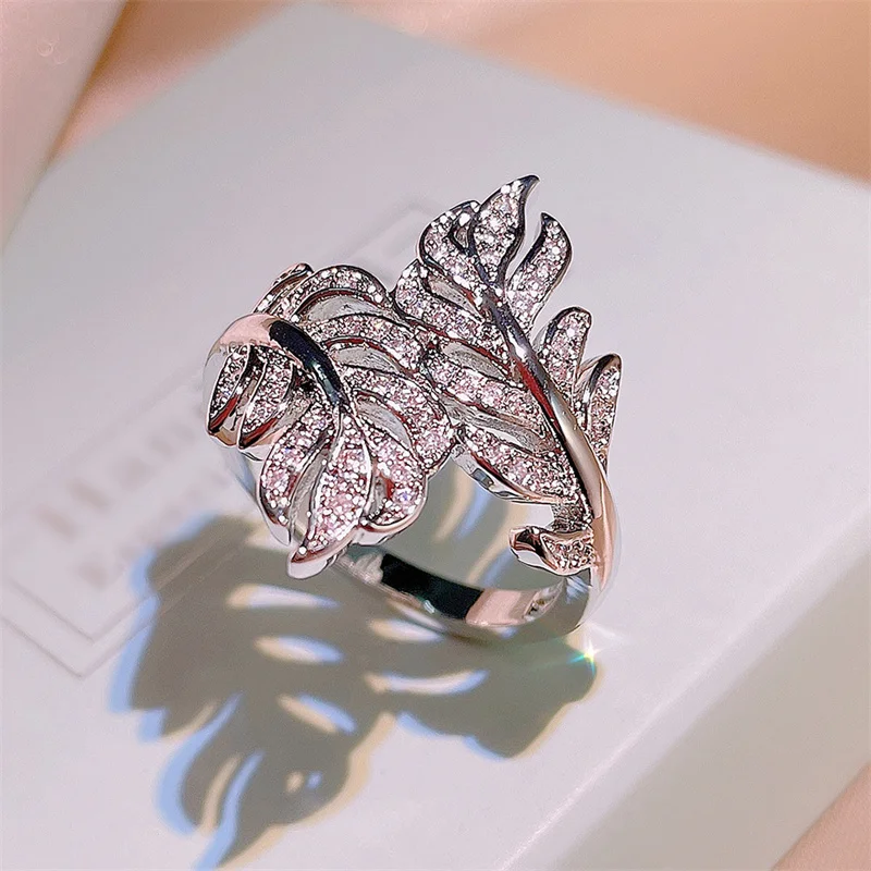 Huitan Fancy Cross Design damski pierścionek z liściem moda wszechstronne kobiece pierścionki wysokiej jakości srebrny trend w kolorze biżuterii prezenty — zdjęcie 4