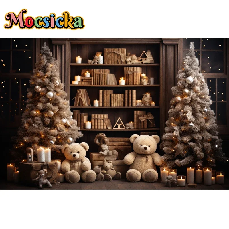 Mocsicka fondo de fotografía para fiesta de Navidad, telón de fondo para habitación, ventana, regalo, oso, árbol de Navidad, retrato familiar para niños, estudio fotográfico