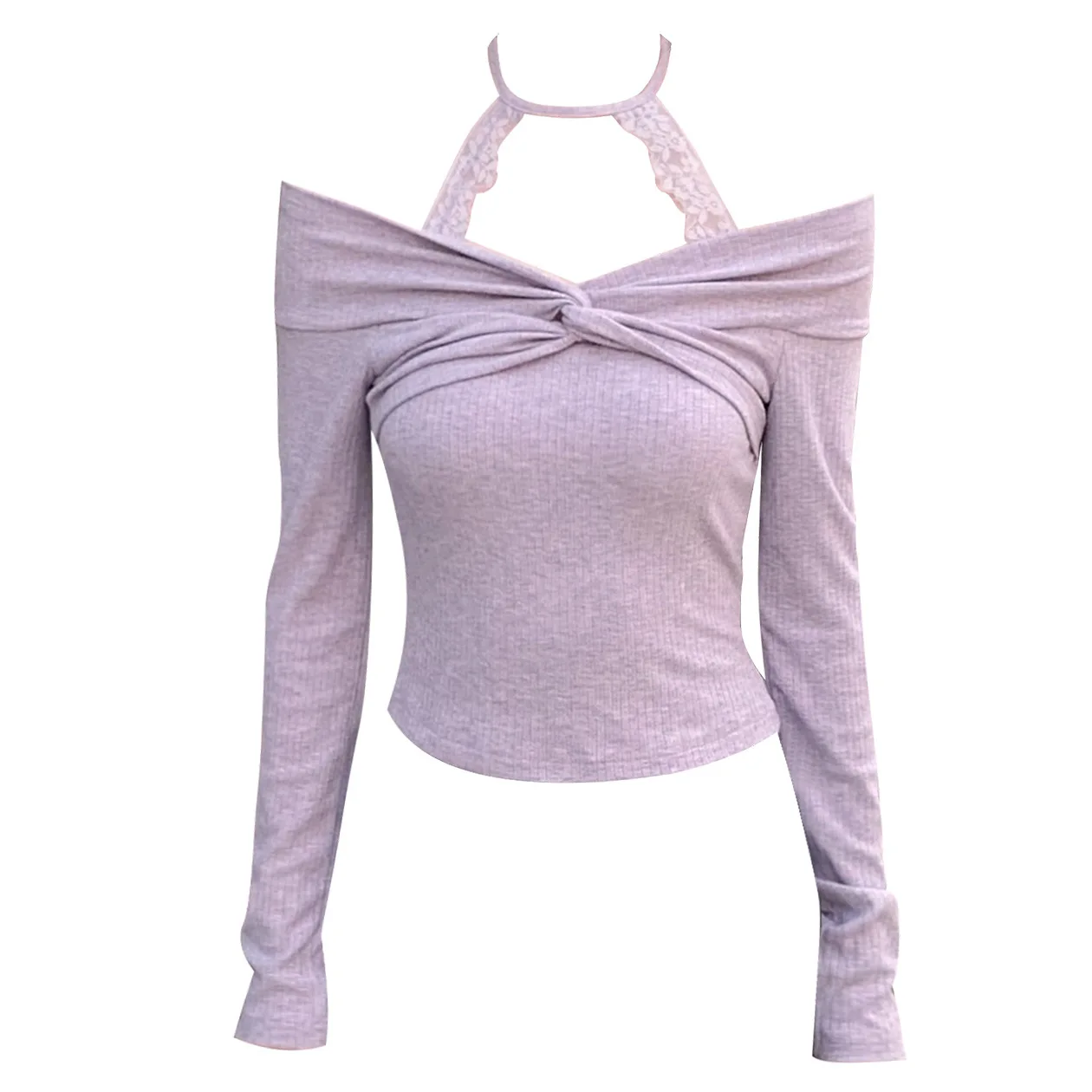 

2025 Shoulder Neck Knitted Bottoming Shirt Women's Autumn and Winter Sweet Spice Girl Lace with Short Off-the-shoulder Top