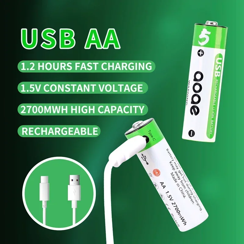 

2024 New AA 1.5V Li-ion Battery 2700mh USB Rechargeable Battery for Remote Control Mouse Electric Toy Battery + Type-C Cable