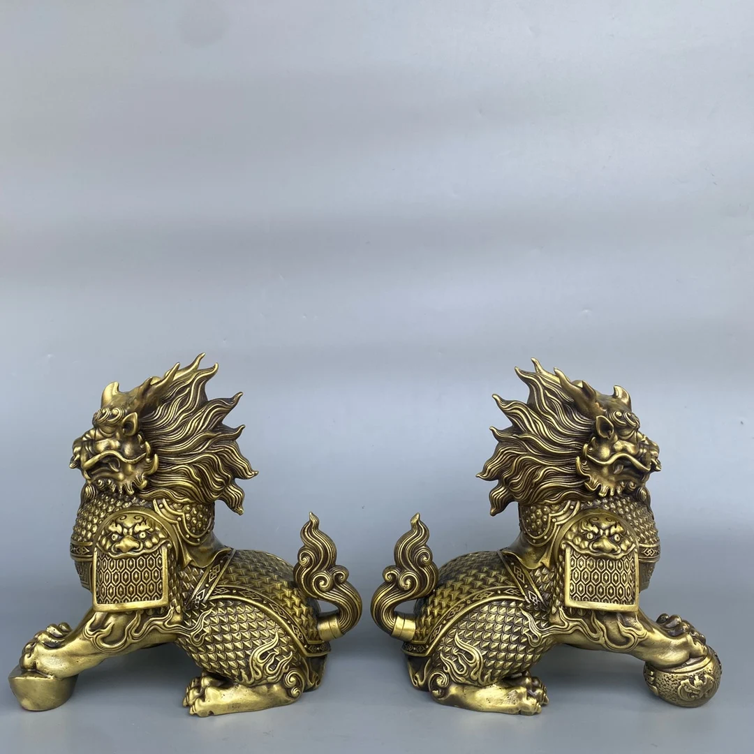 

5"Tibetan Temple Collection Old Brass Kylin Statue Unicorn A pair Amass wealth Ornaments Town house Exorcism