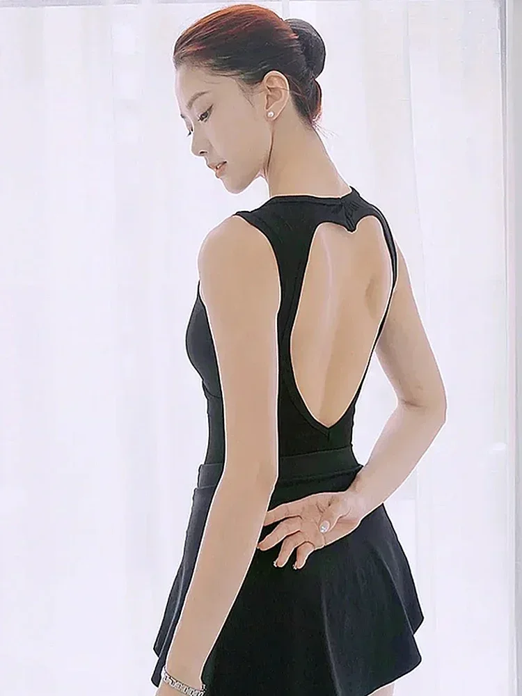 

Tights ballet dance suit women's round neck hanging neck slope stitching design with gym clothes nylon jumpsuit love back