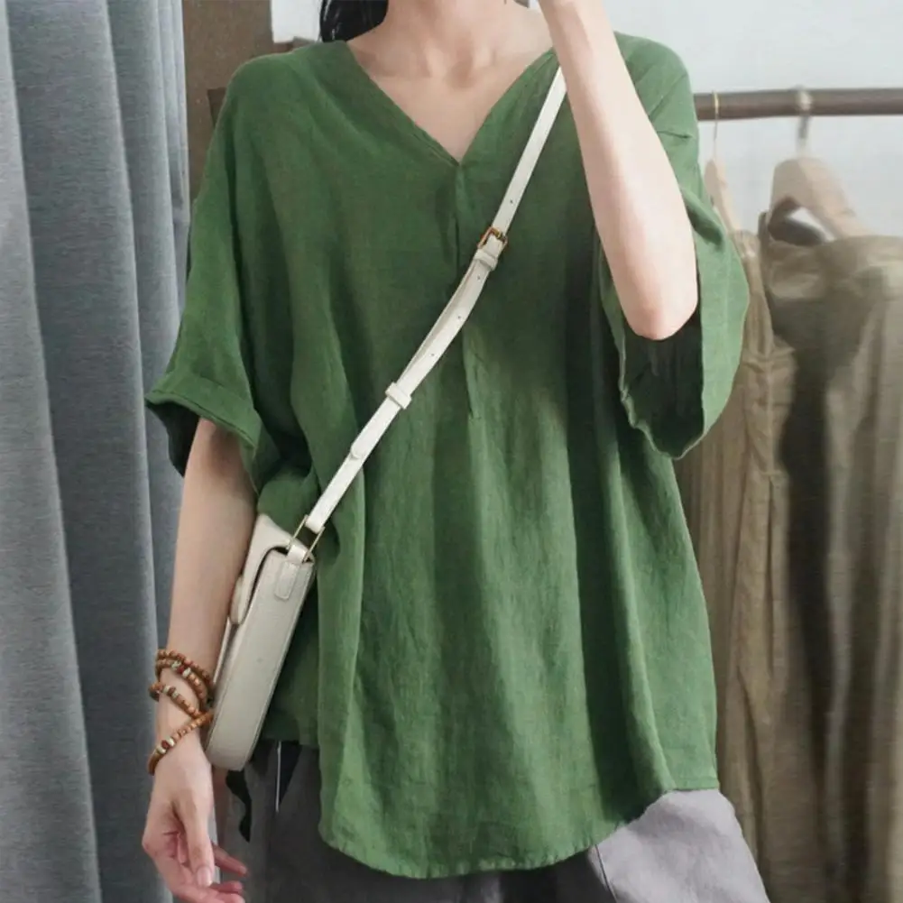 

V-neck Blouse Stylish Women's V-neck Tops Loose Fit Casual Solid Color Blouses for Daily Wear Breathable Thin Half-sleeve