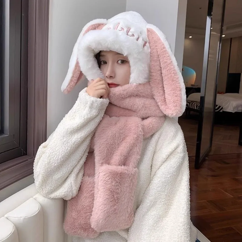 ผ้าพันคอคลุมศีรษะแบบ 3-in-1 น่ารัก ผ้าพลัฌหนานุ่ม อุ่นสบาย กันลม หมวกฤดูหนาวสำหรับกิจกรรมกลางแจ้ง