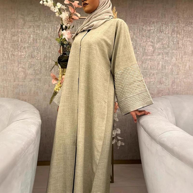 

Elegant O-neck Embroidery Long Sleeve Robe Dress Women Fashion Loose Muslim Cardigan Dress Casual Button Draped Solid Long Dress