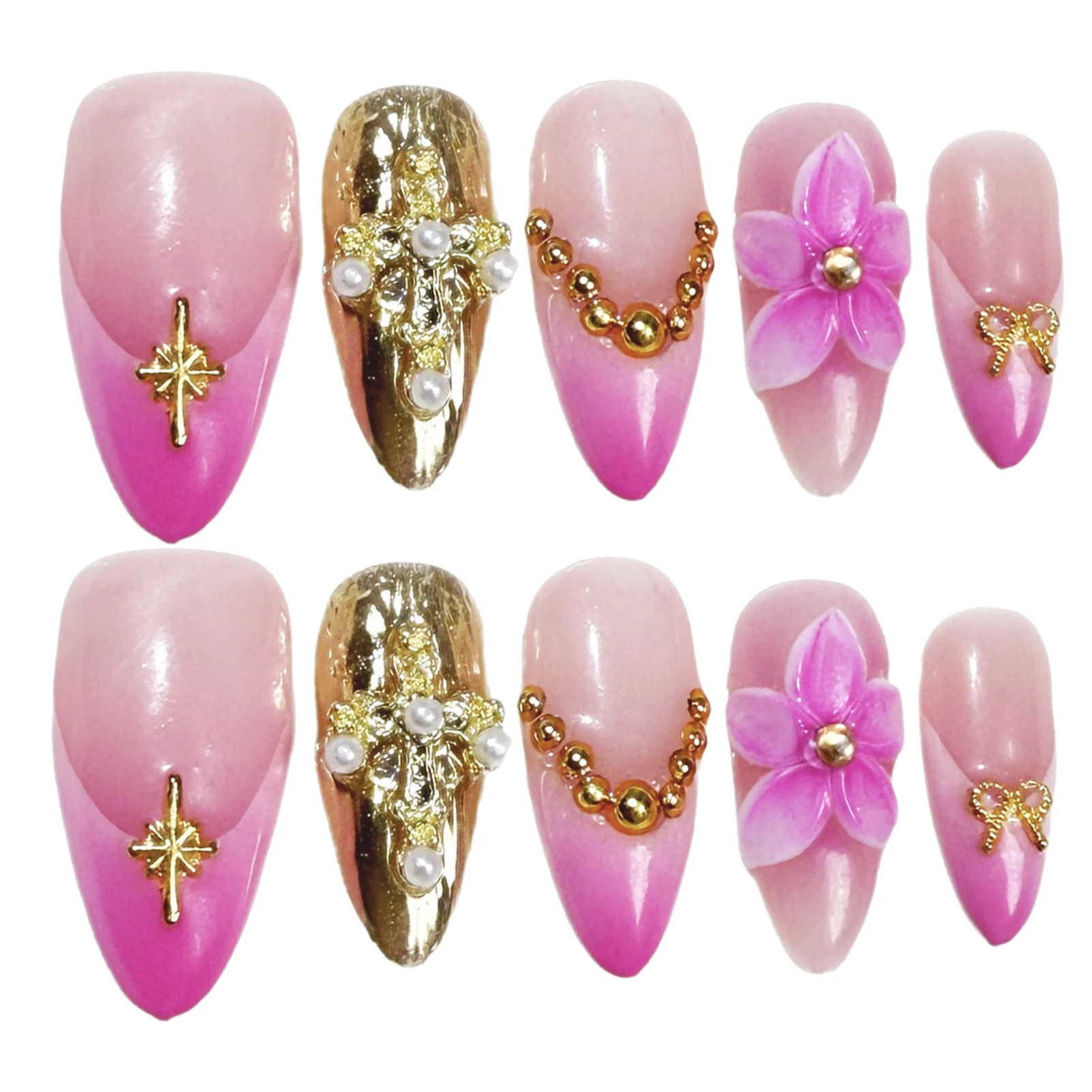 10 szt. Różowe Migdałowe Sztuczne Paznokcie 3D Kwiaty Dekoracja Paznokci Dociskanych Francuski Gradient Ręcznie Robione Sztuczne Paznokcie Z Złotymi Gwiazdkami i Kokardkami