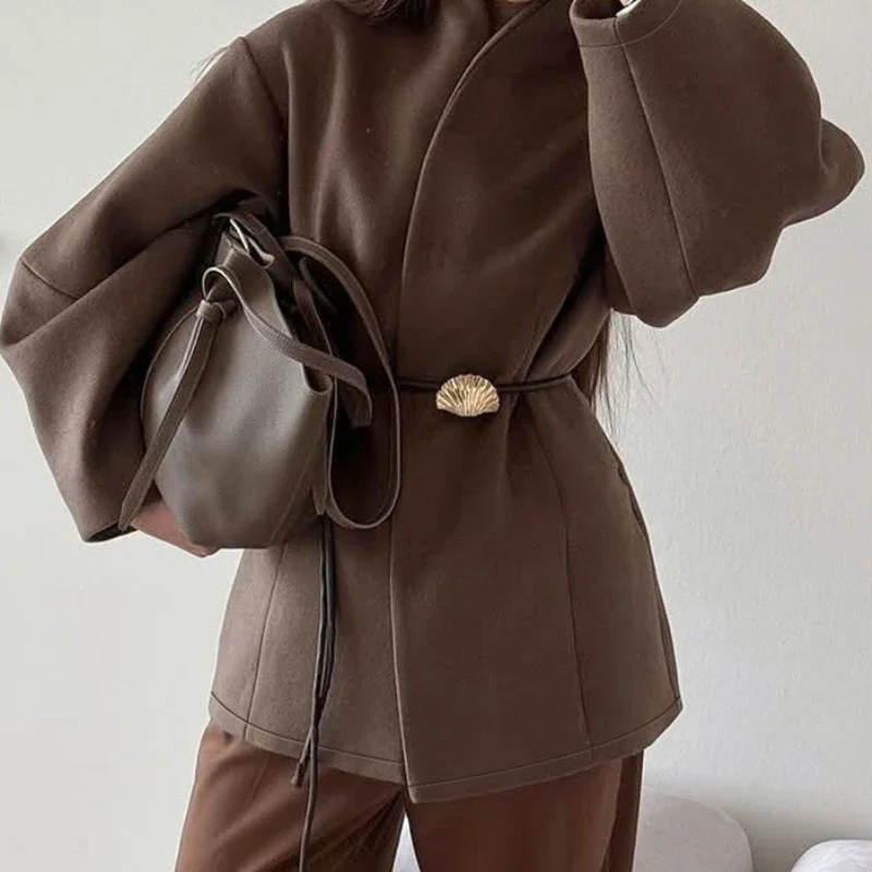 Women's Brown Stand Collar Lace Up Jackets Autumn Winter Fashion Slim Fit Long Sleeves Outerwear Commute Lady Street Wear 2025